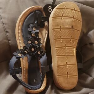 Floral Embellished Black Sandals